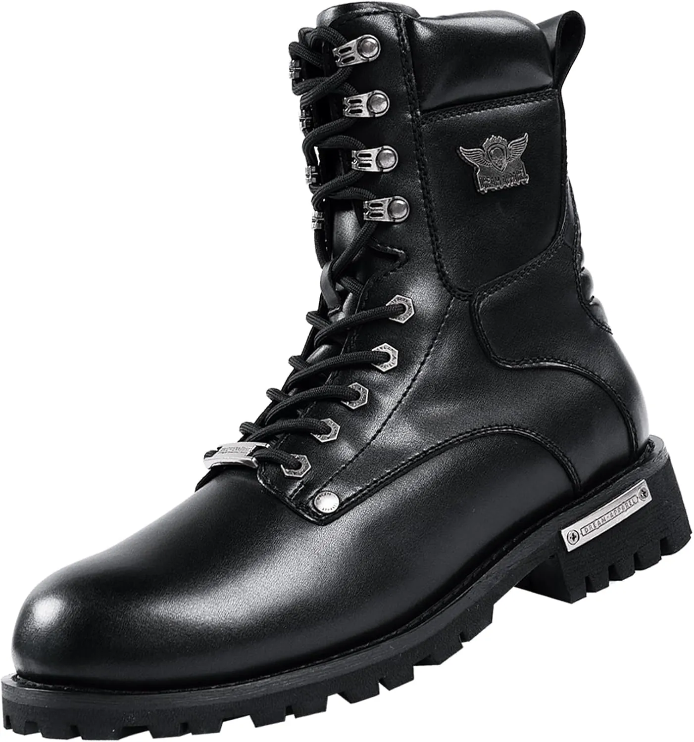 Dream Apparel Mens Motorcycle Boots for Riding Biker with Side Zipper, Waterproof Black Faux Leather Biker Boots Ankle Booties, Lace Up Military Combat Booties with Low Heel