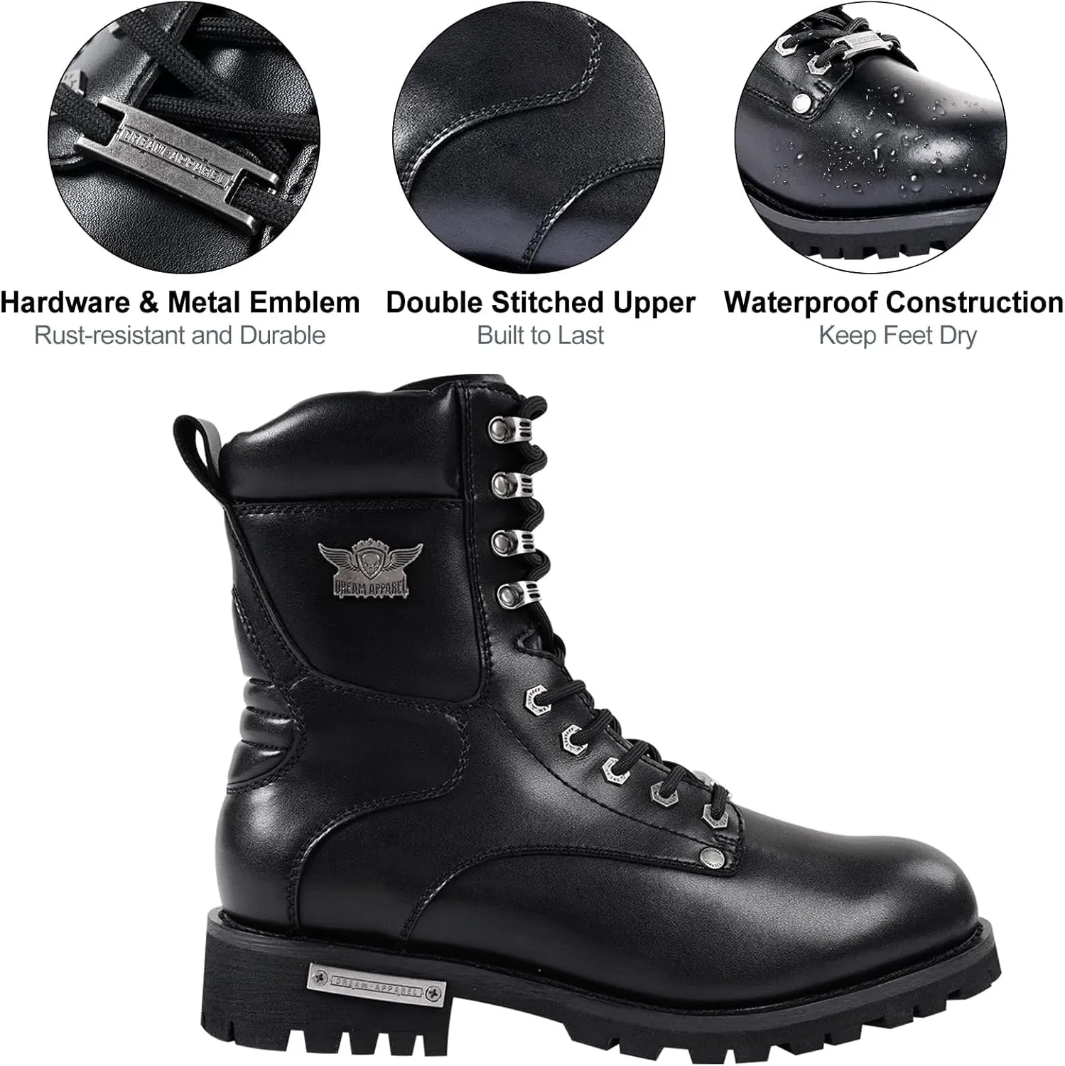 Dream Apparel Mens Motorcycle Boots for Riding Biker with Side Zipper, Waterproof Black Faux Leather Biker Boots Ankle Booties, Lace Up Military Combat Booties with Low Heel
