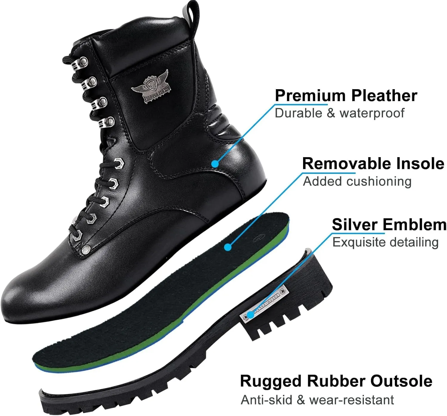 Dream Apparel Mens Motorcycle Boots for Riding Biker with Side Zipper, Waterproof Black Faux Leather Biker Boots Ankle Booties, Lace Up Military Combat Booties with Low Heel