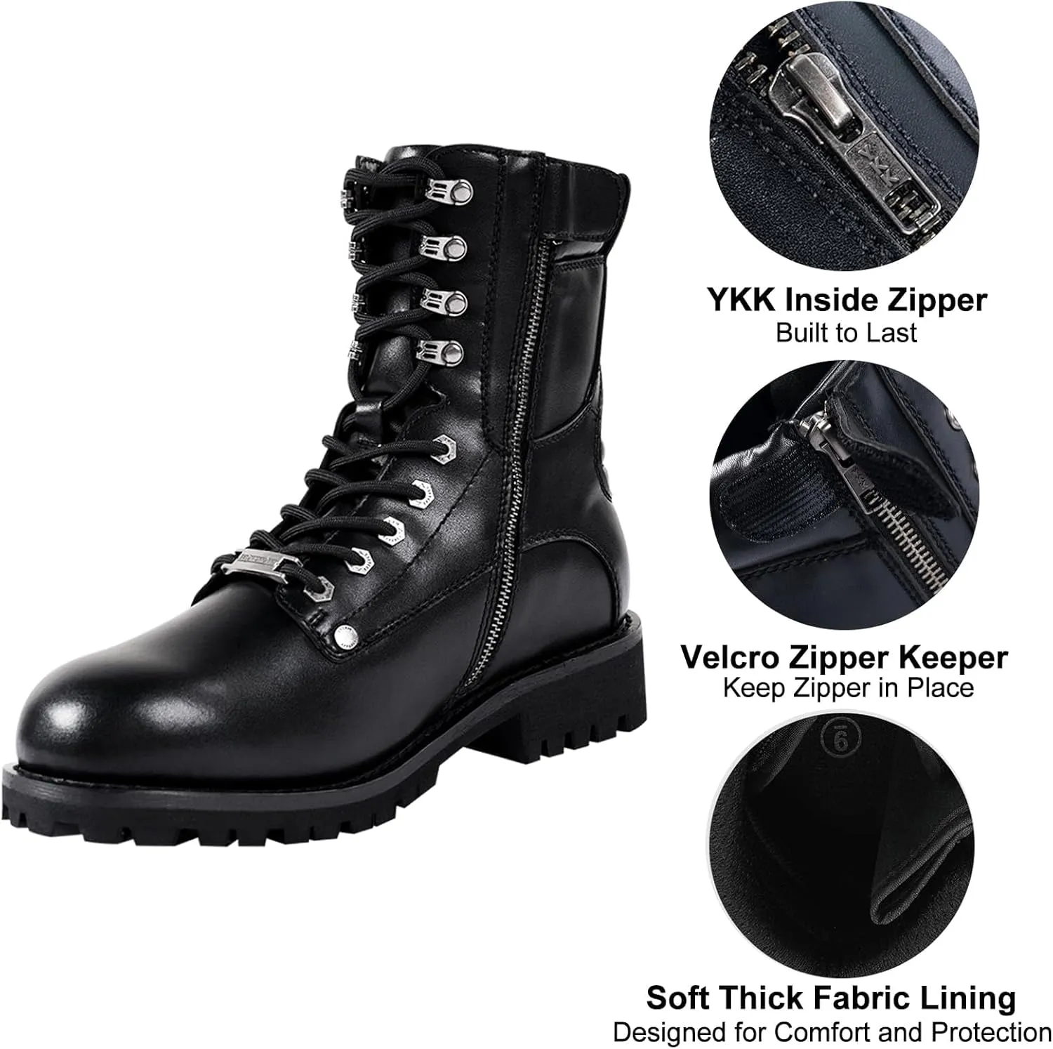 Dream Apparel Mens Motorcycle Boots for Riding Biker with Side Zipper, Waterproof Black Faux Leather Biker Boots Ankle Booties, Lace Up Military Combat Booties with Low Heel