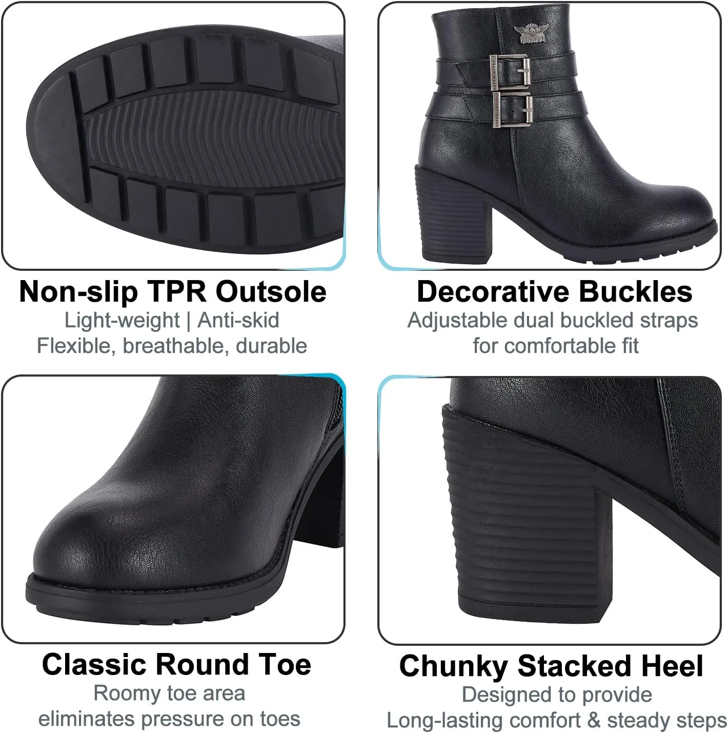 Dream Apparel Women's Chunky Heel Faux Leather Ankle Boots Booties with Side Zipper, Waterproof Black PU Leather Double Buckle Strap Ankle Shoes, Round Toe Mid Heel Short Boots