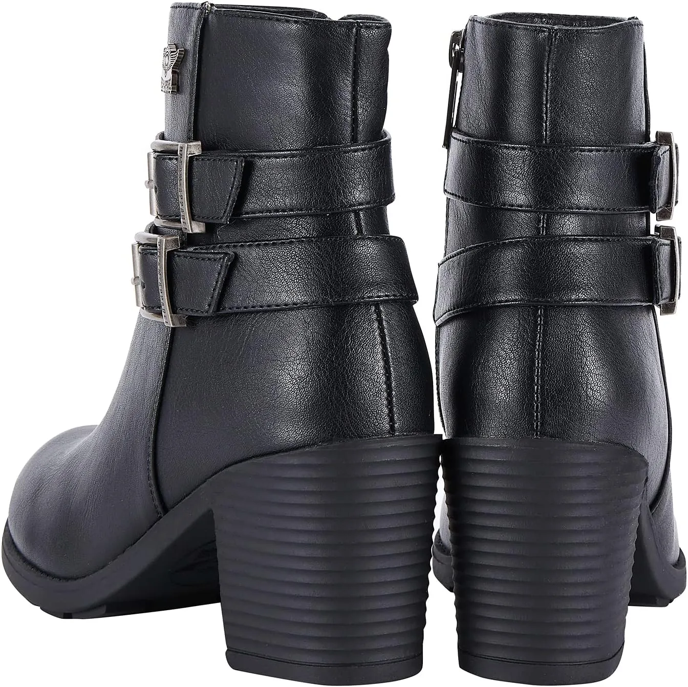 Dream Apparel Women's Chunky Heel Faux Leather Ankle Boots Booties with Side Zipper, Waterproof Black PU Leather Double Buckle Strap Ankle Shoes, Round Toe Mid Heel Short Boots