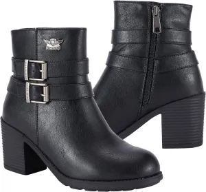 Dream Apparel Women's Chunky Heel Faux Leather Ankle Boots Booties with Side Zipper, Waterproof Black PU Leather Double Buckle Strap Ankle Shoes, Round Toe Mid Heel Short Boots