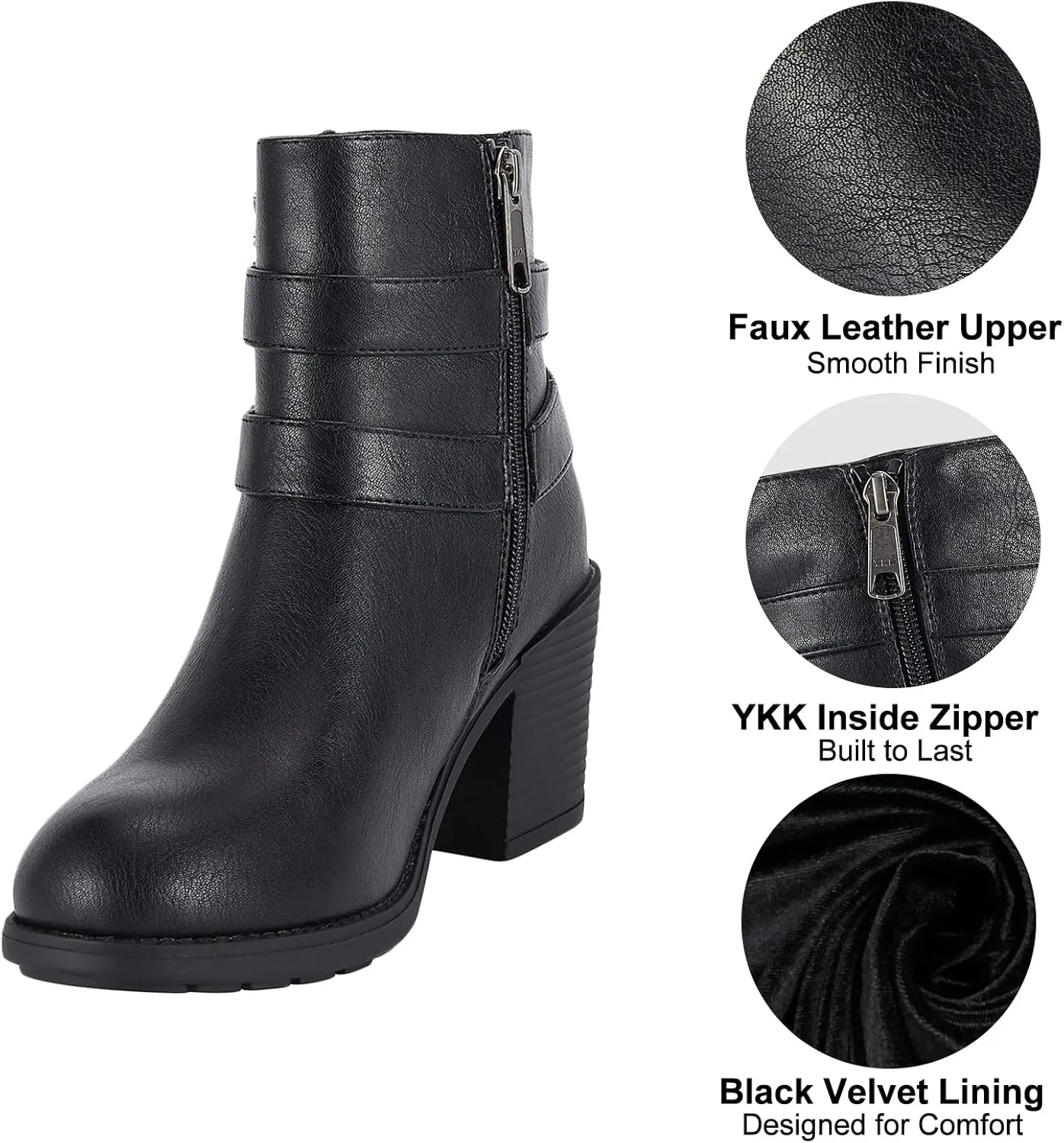 Dream Apparel Women's Chunky Heel Faux Leather Ankle Boots Booties with Side Zipper, Waterproof Black PU Leather Double Buckle Strap Ankle Shoes, Round Toe Mid Heel Short Boots