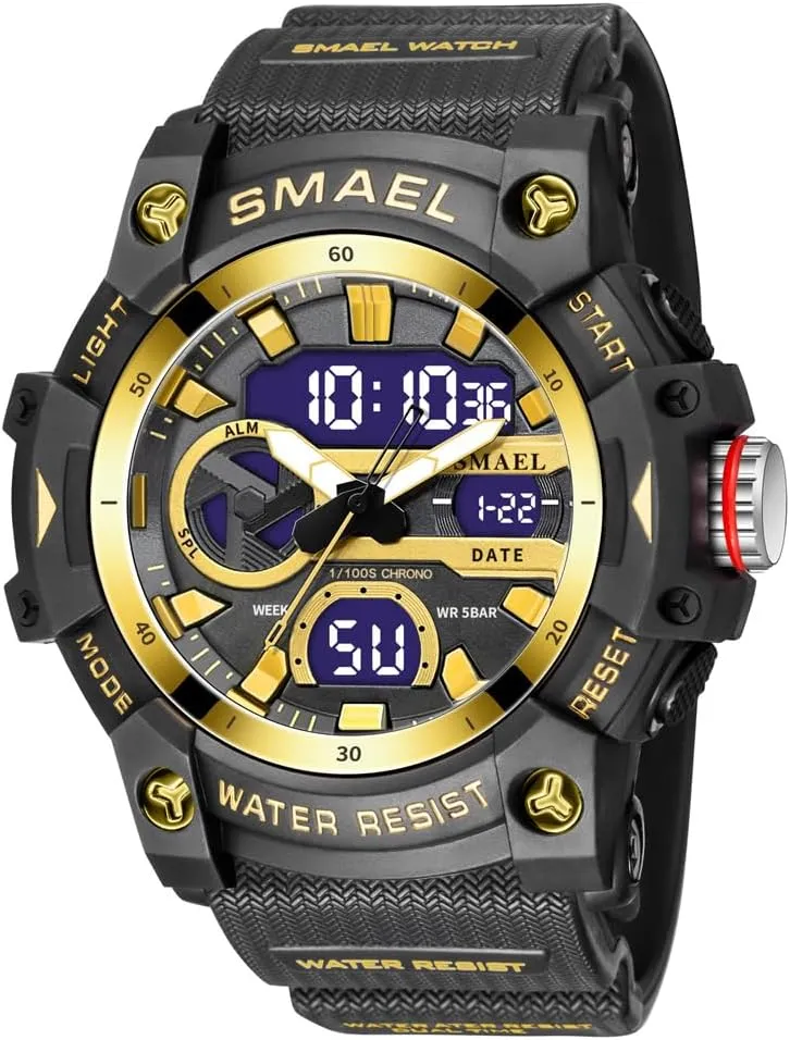 Dual Time Display Digital Watch Fashion Sport Quartz Analog Outdoor Waterproof Military Wrist Watch Auto Date Alarm Stopwatch Hour (Black Golden)