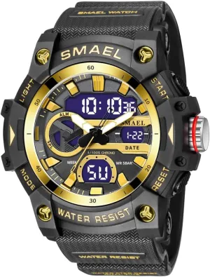 Dual Time Display Digital Watch Fashion Sport Quartz Analog Outdoor Waterproof Military Wrist Watch Auto Date Alarm Stopwatch Hour (Black Golden)