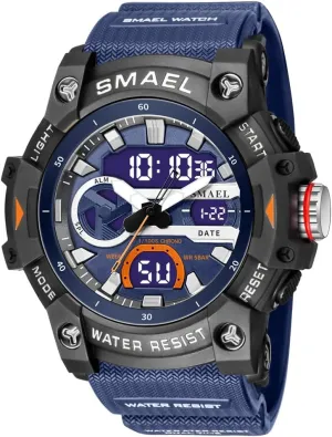 Dual Time Display Digital Watch Fashion Sport Quartz Analog Outdoor Waterproof Military Wrist Watch Auto Date Alarm Stopwatch Hour (Blue)