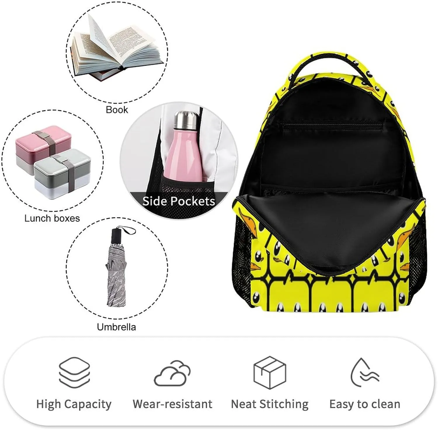 Duck Backpack for Kids Girls Boys School, 16 Inches Cute Duck Theme Bookbag, Adjustable, Large Capacity, Lightweight, Colorful Duck Backpack for School
