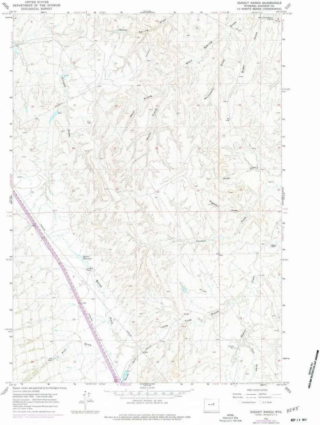 Dugout Ranch WY topo map, 1:24000 Scale, 7.5 X 7.5 Minute, Historical, 1961, Updated 1977, 26.9 x 21.7 in