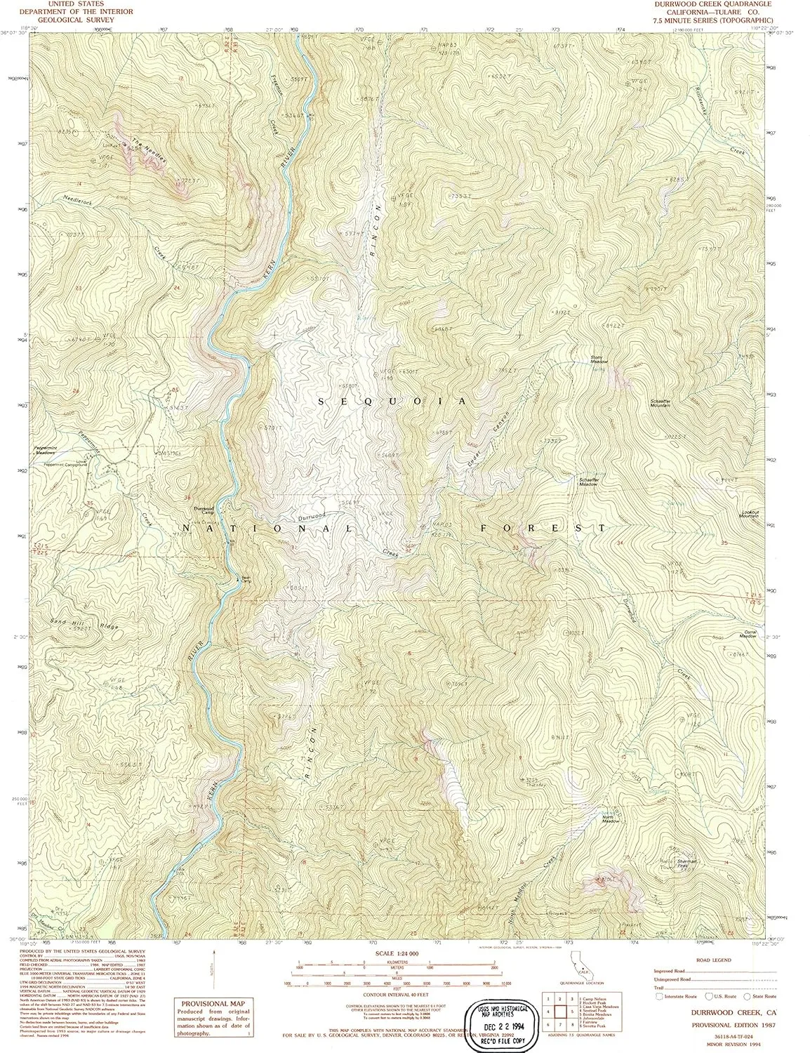 Durrwood Creek CA topo map, 1:24000 Scale, 7.5 X 7.5 Minute, Historical, 1987, Updated 1994, 26.7 x 22 in