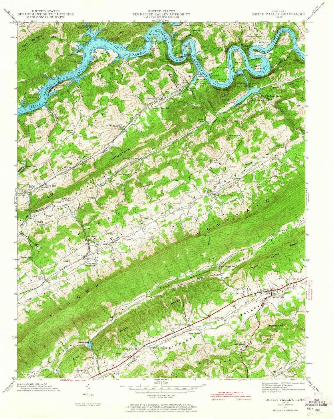 Dutch Valley TN topo map, 1:24000 Scale, 7.5 X 7.5 Minute, Historical, 1941, Updated 1965, 27.4 x 22 in