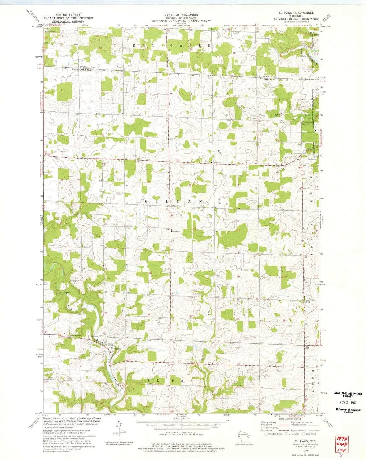 El Paso WI topo map, 1:24000 Scale, 7.5 X 7.5 Minute, Historical, 1974, Updated 1977, 27.25 x 21.53 in