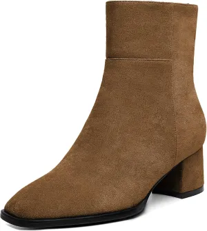 Eldof Low Block Heel Ankle Boots Women's Square Toe Chunky Heel Short Boots Side Zipper Heeled Chelsea Boots