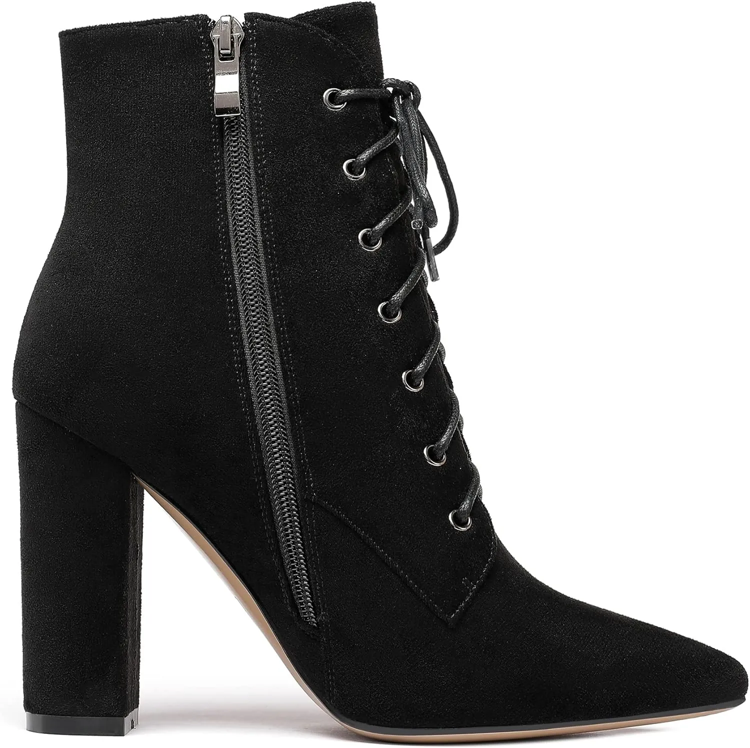 Eldof Women's Chunky Block 4 Inch High Heel Ankle Booties Pointed Toe Lace Up Side Zipper Chic Boots