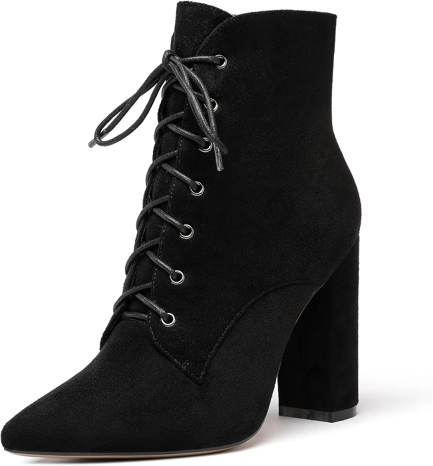 Eldof Women's Chunky Block 4 Inch High Heel Ankle Booties Pointed Toe Lace Up Side Zipper Chic Boots