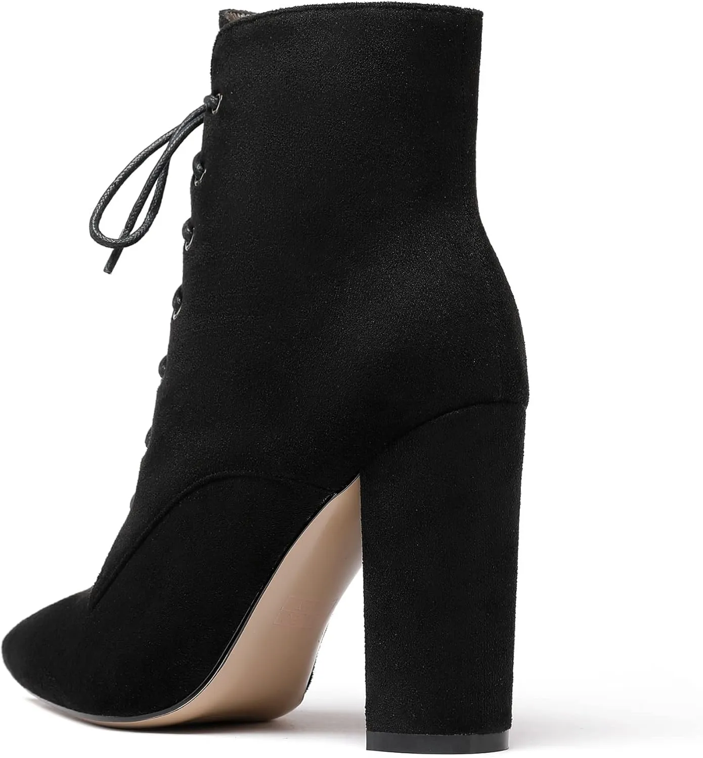 Eldof Women's Chunky Block 4 Inch High Heel Ankle Booties Pointed Toe Lace Up Side Zipper Chic Boots
