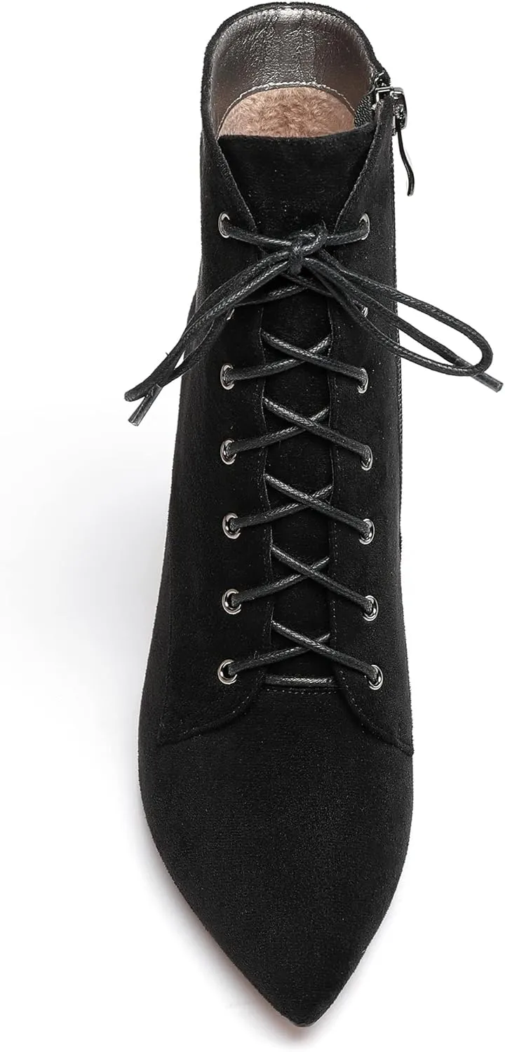 Eldof Women's Chunky Block 4 Inch High Heel Ankle Booties Pointed Toe Lace Up Side Zipper Chic Boots