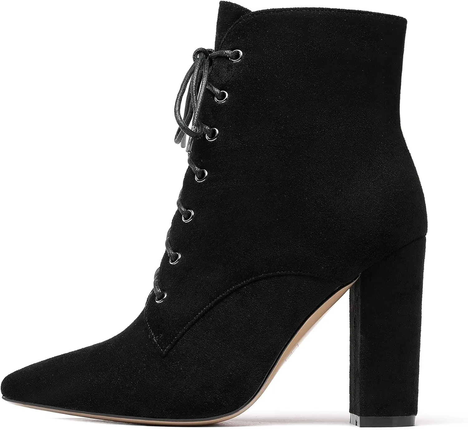 Eldof Women's Chunky Block 4 Inch High Heel Ankle Booties Pointed Toe Lace Up Side Zipper Chic Boots