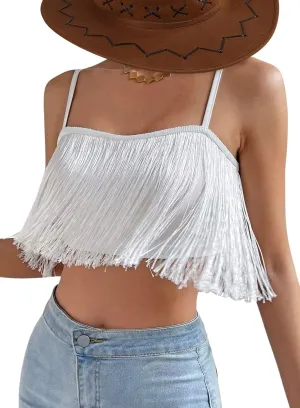 Ella Lust Womens Cowgirl Fringe Tank Top - Western Country Concert Outfit Tassel Hem Crop Cami Nashville Festival Shirt