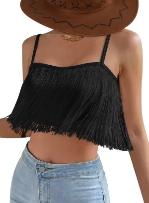 Ella Lust Womens Cowgirl Fringe Tank Top - Western Country Concert Outfit Tassel Hem Crop Cami Nashville Festival Shirt