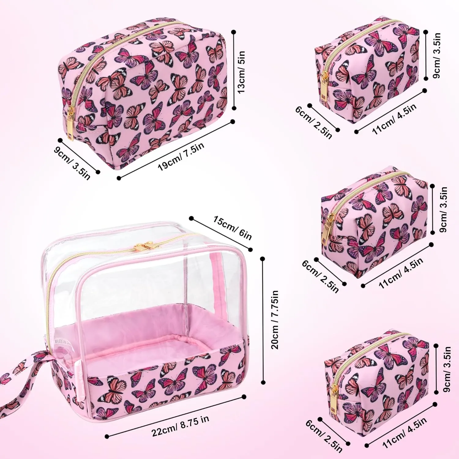 Emma & Chloe Travel Toiletry Bags for Women, 5 Piece Waterproof Cosmetic Case, Bag, Pouch Makeup Organizer Set for Women, Home Counters (Fluttering Pink Butterflies)