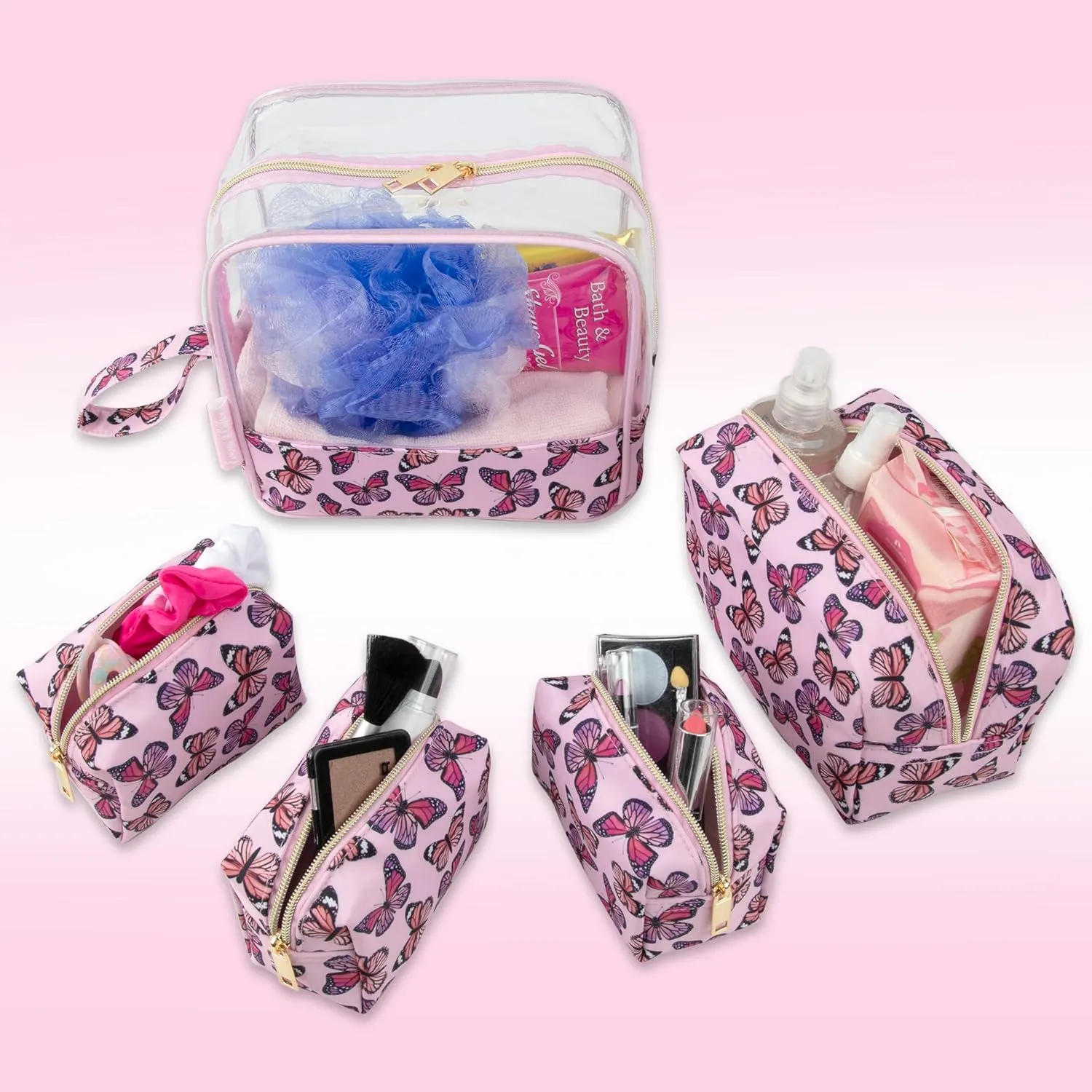 Emma & Chloe Travel Toiletry Bags for Women, 5 Piece Waterproof Cosmetic Case, Bag, Pouch Makeup Organizer Set for Women, Home Counters (Fluttering Pink Butterflies)