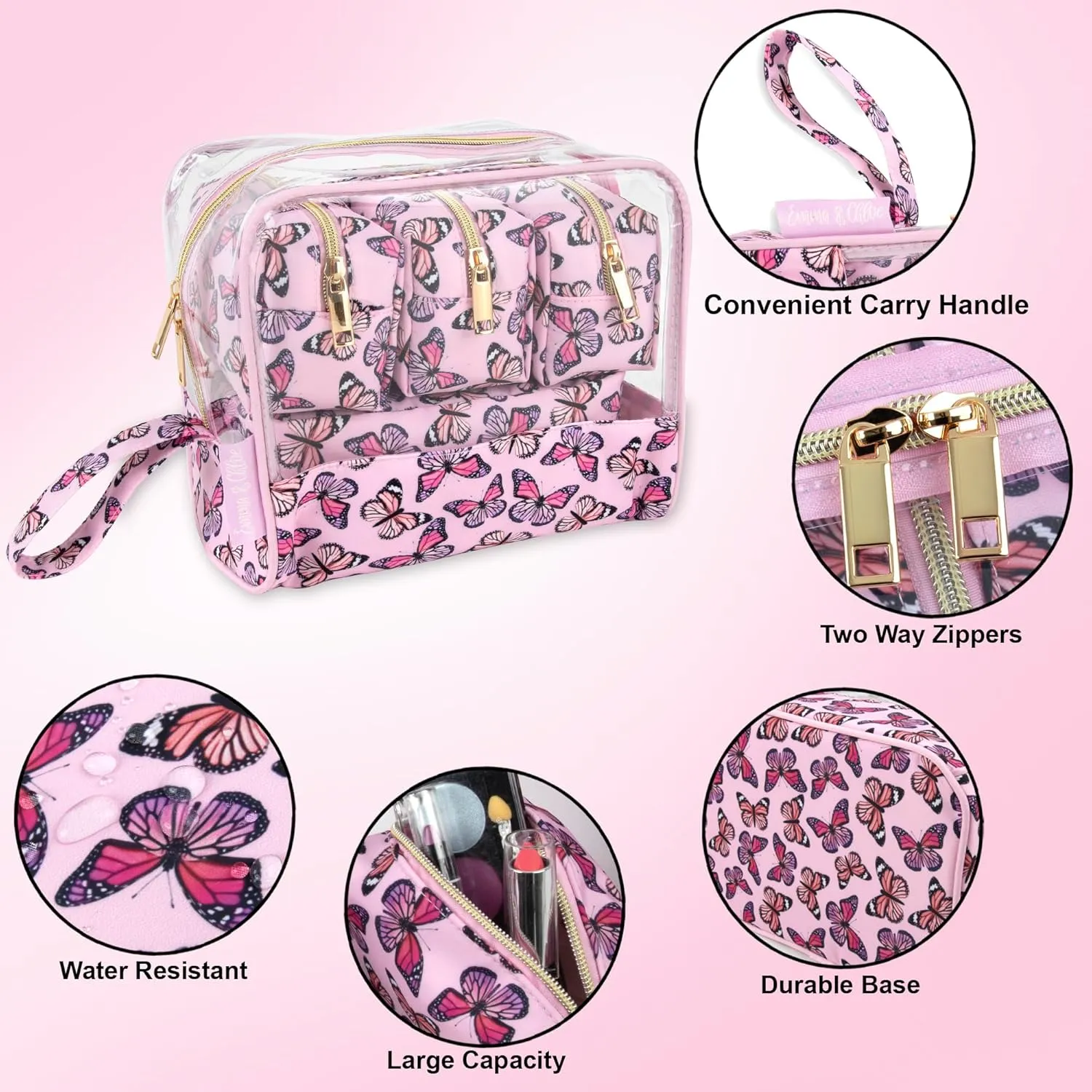Emma & Chloe Travel Toiletry Bags for Women, 5 Piece Waterproof Cosmetic Case, Bag, Pouch Makeup Organizer Set for Women, Home Counters (Fluttering Pink Butterflies)