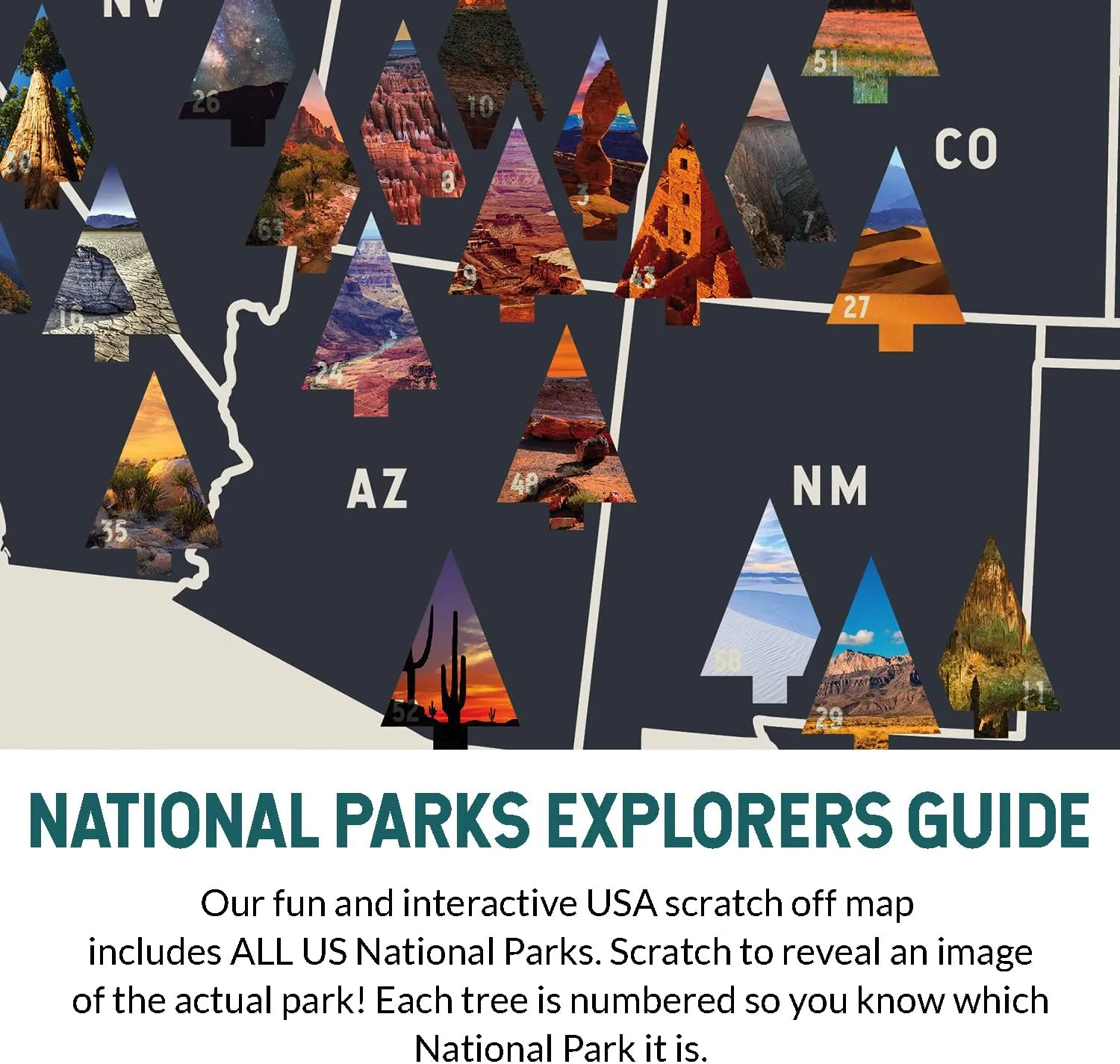 Epic Adventure Maps - US National Parks Travel Scratch Off Poster - Reveals Pine Shaped Nature Photographs - Beige / 24 x 17 Inches