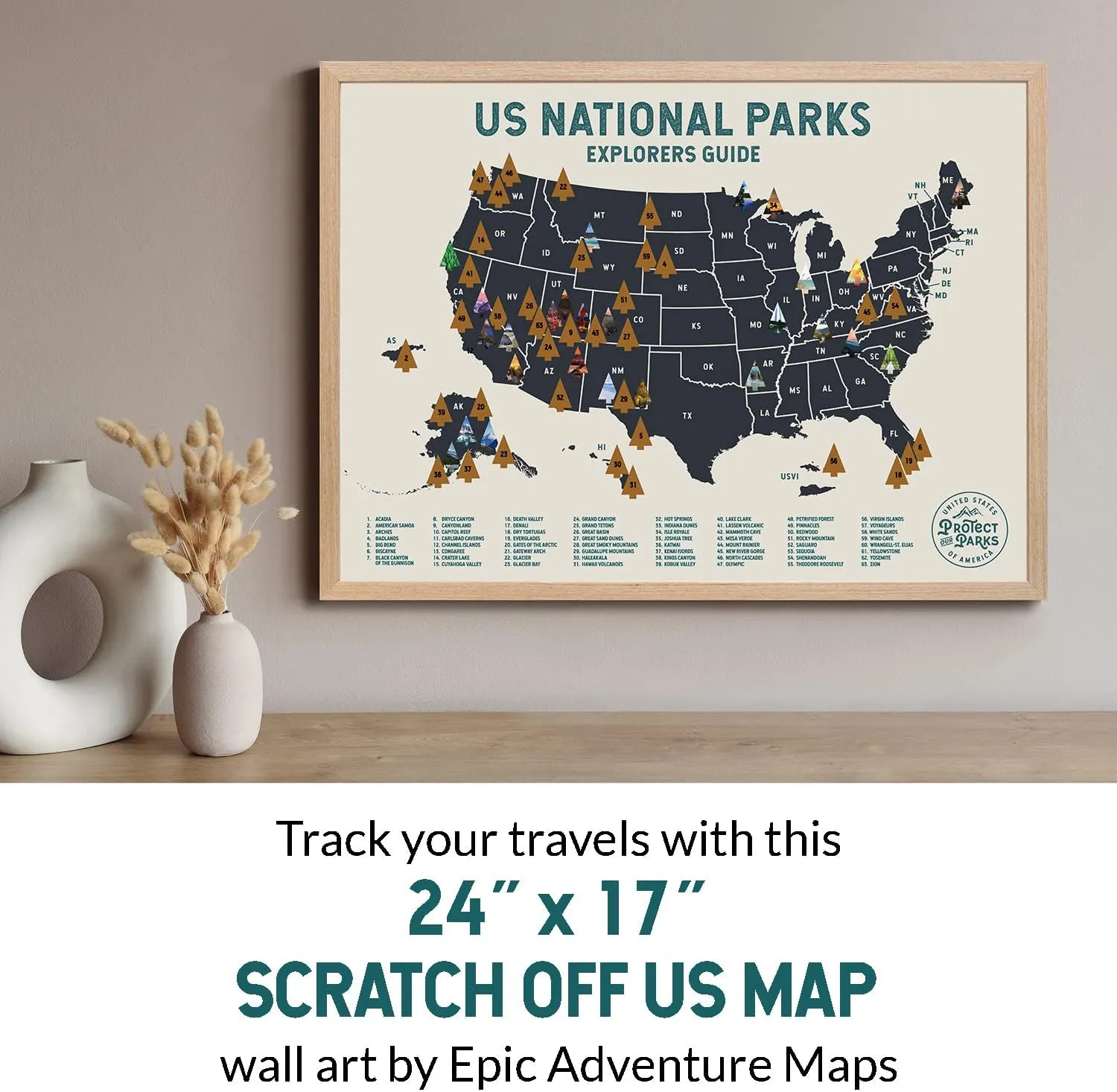 Epic Adventure Maps - US National Parks Travel Scratch Off Poster - Reveals Pine Shaped Nature Photographs - Beige / 24 x 17 Inches