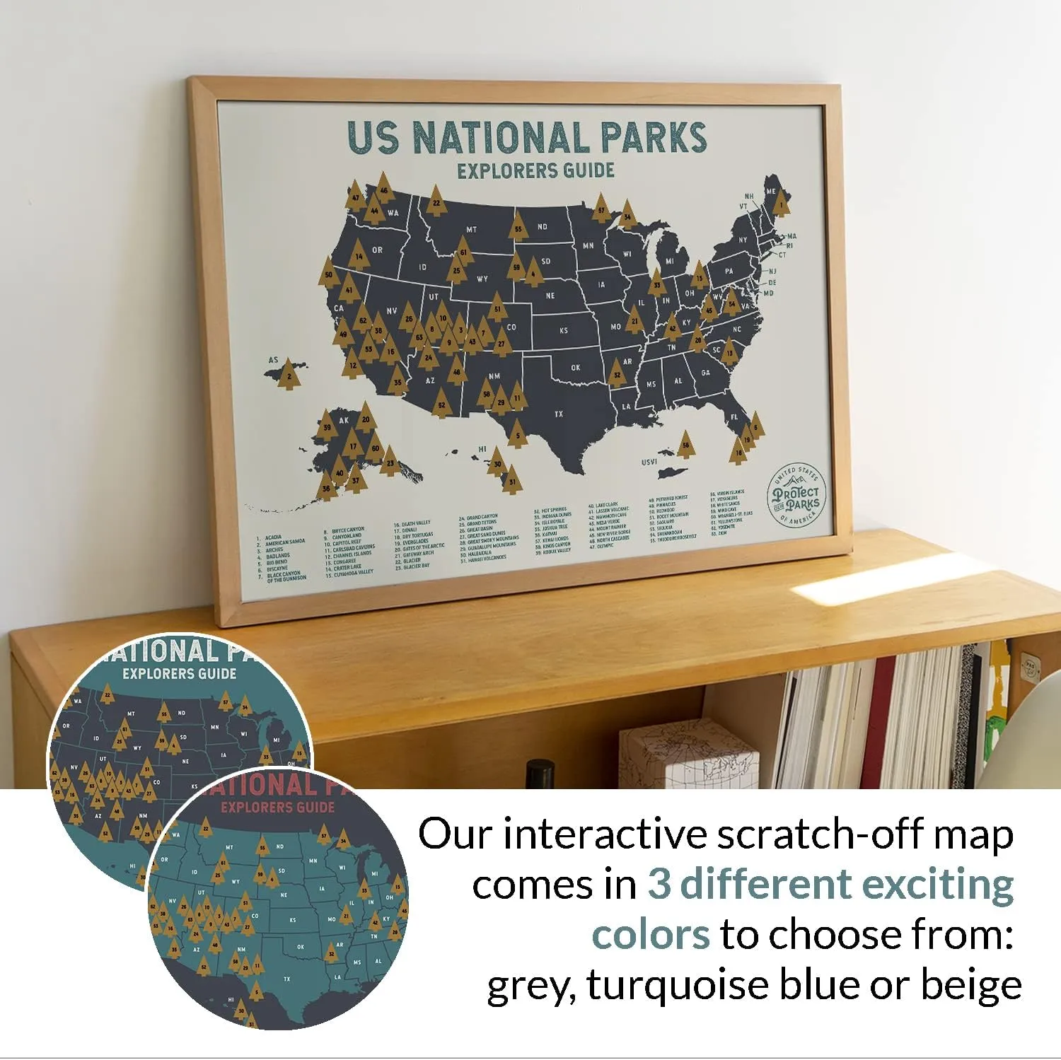 Epic Adventure Maps - US National Parks Travel Scratch Off Poster - Reveals Pine Shaped Nature Photographs - Beige / 24 x 17 Inches