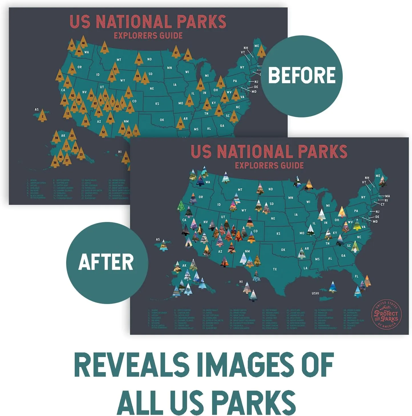 Epic Adventure Maps - US National Parks Travel Scratch Off Poster - Reveals Pine Shaped Nature Photographs - Grey / 24 x 17 Inches
