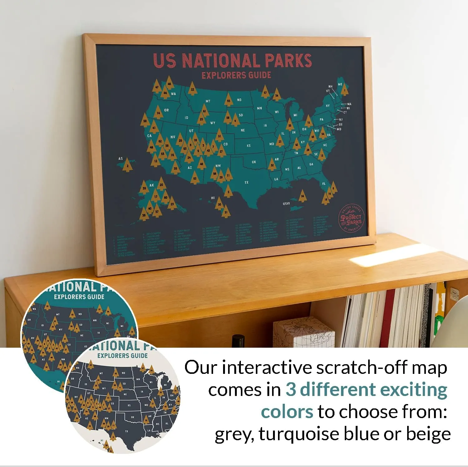 Epic Adventure Maps - US National Parks Travel Scratch Off Poster - Reveals Pine Shaped Nature Photographs - Grey / 24 x 17 Inches