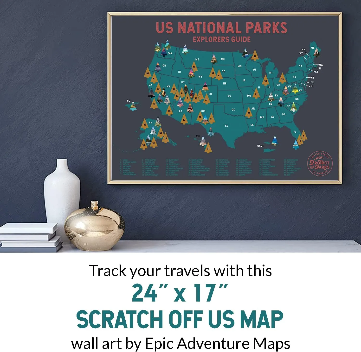 Epic Adventure Maps - US National Parks Travel Scratch Off Poster - Reveals Pine Shaped Nature Photographs - Grey / 24 x 17 Inches