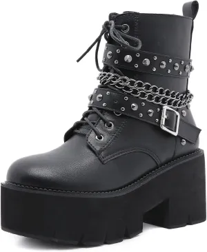 Erocalli Fashion Chain Goth Platform Boots for Women Lace up Chunky Block Heeled Studded Combat Motorcycle Ankle Booties