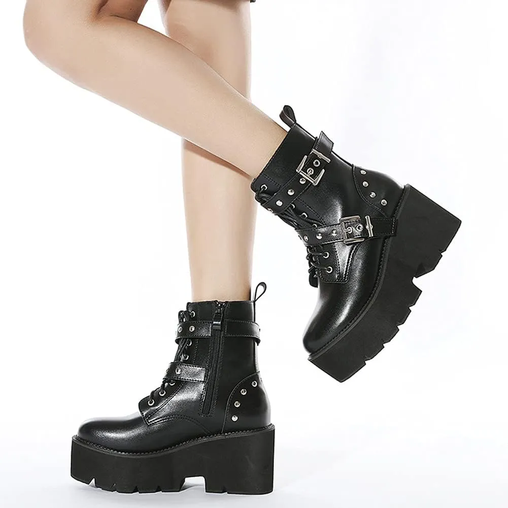 Erocalli Fashion Chain Goth Platform Boots for Women Lace up Chunky Heeled Studded Combat Motorcycle Ankle Booties