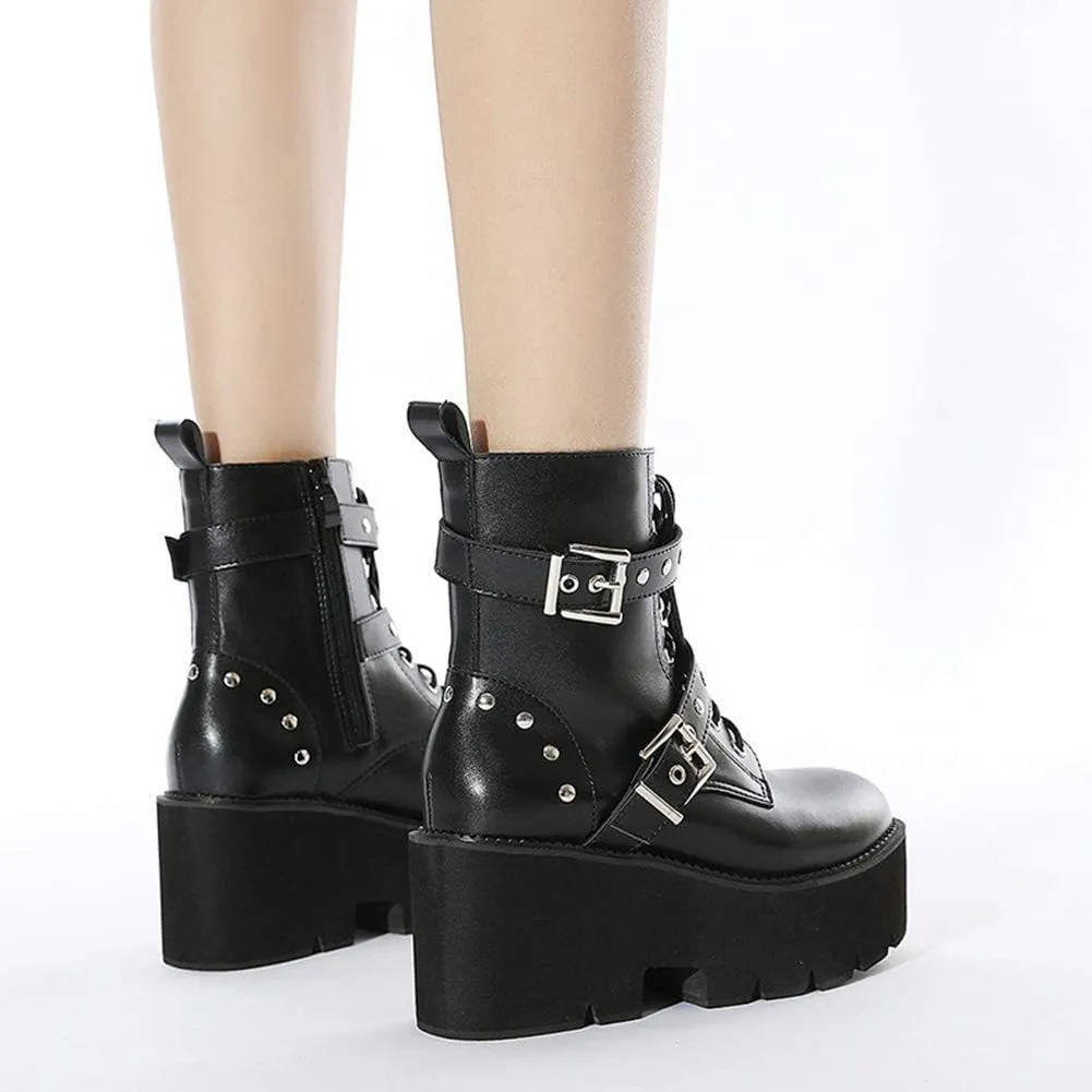 Erocalli Fashion Chain Goth Platform Boots for Women Lace up Chunky Heeled Studded Combat Motorcycle Ankle Booties