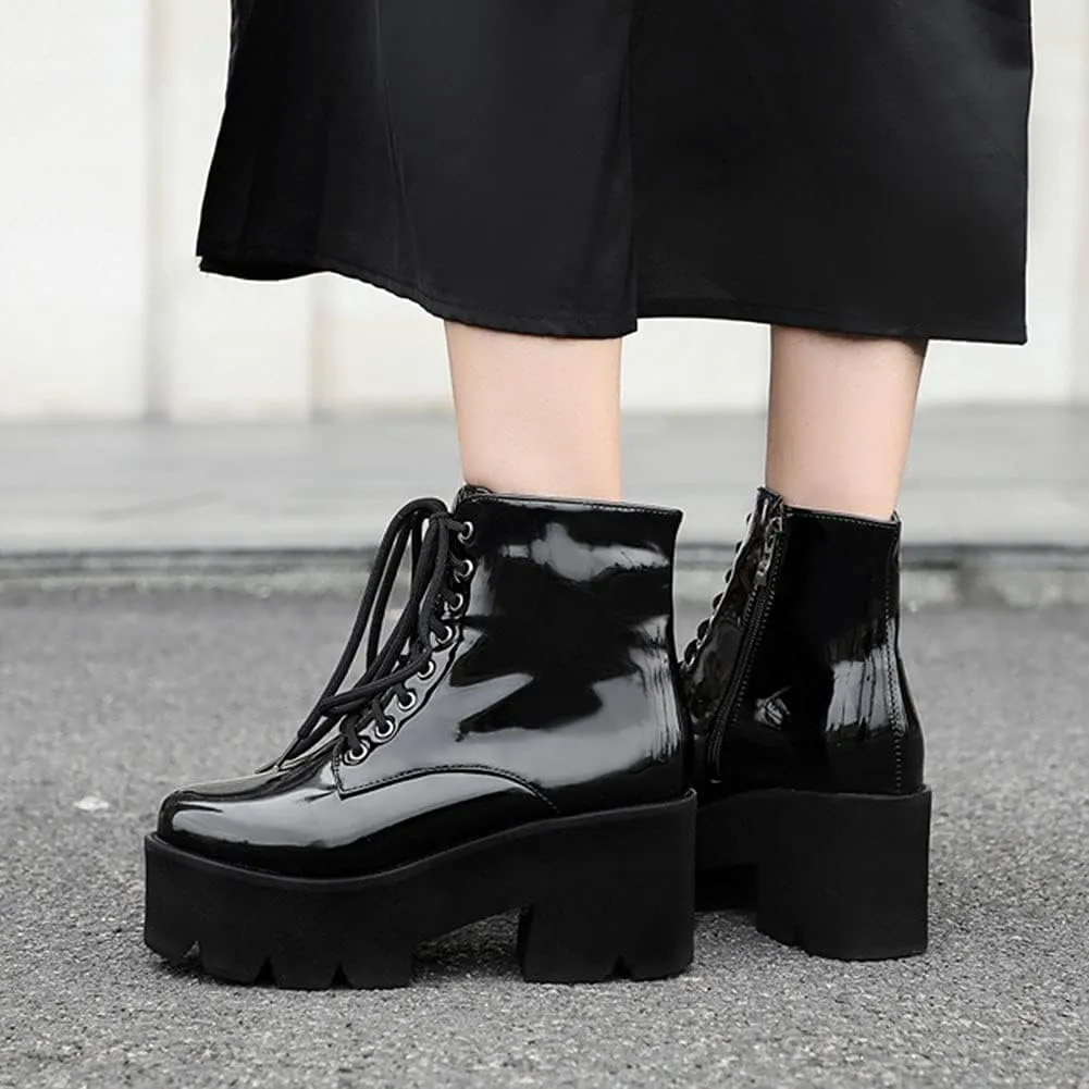 Erocalli Fashion Chain Goth Platform Boots for Women Lace up Chunky Heeled Studded Combat Motorcycle Ankle Booties