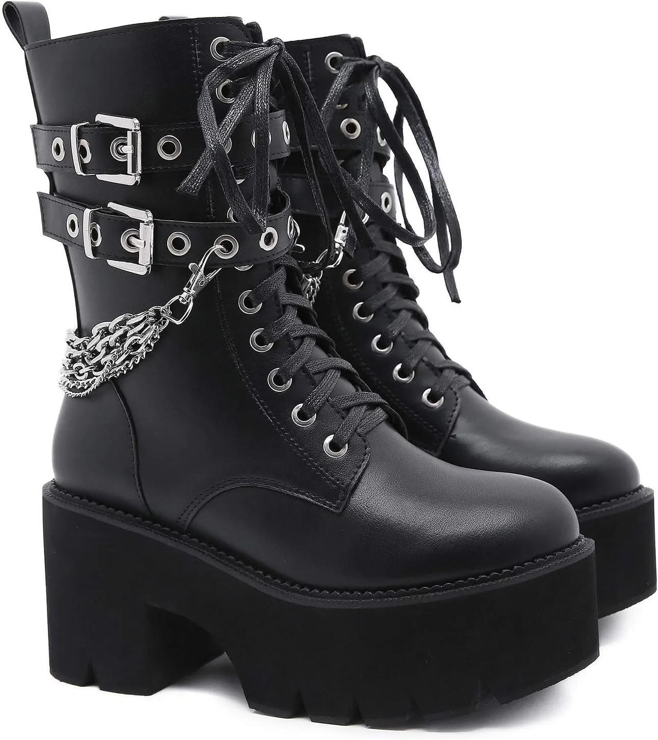 Erocalli Fashion Chain Goth Platform Boots for Women Lace up Chunky Heeled Studded Combat Motorcycle Ankle Booties