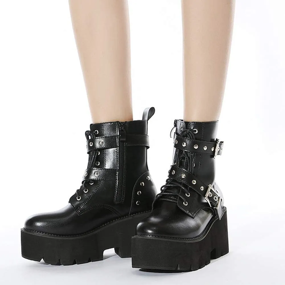 Erocalli Fashion Chain Goth Platform Boots for Women Lace up Chunky Heeled Studded Combat Motorcycle Ankle Booties