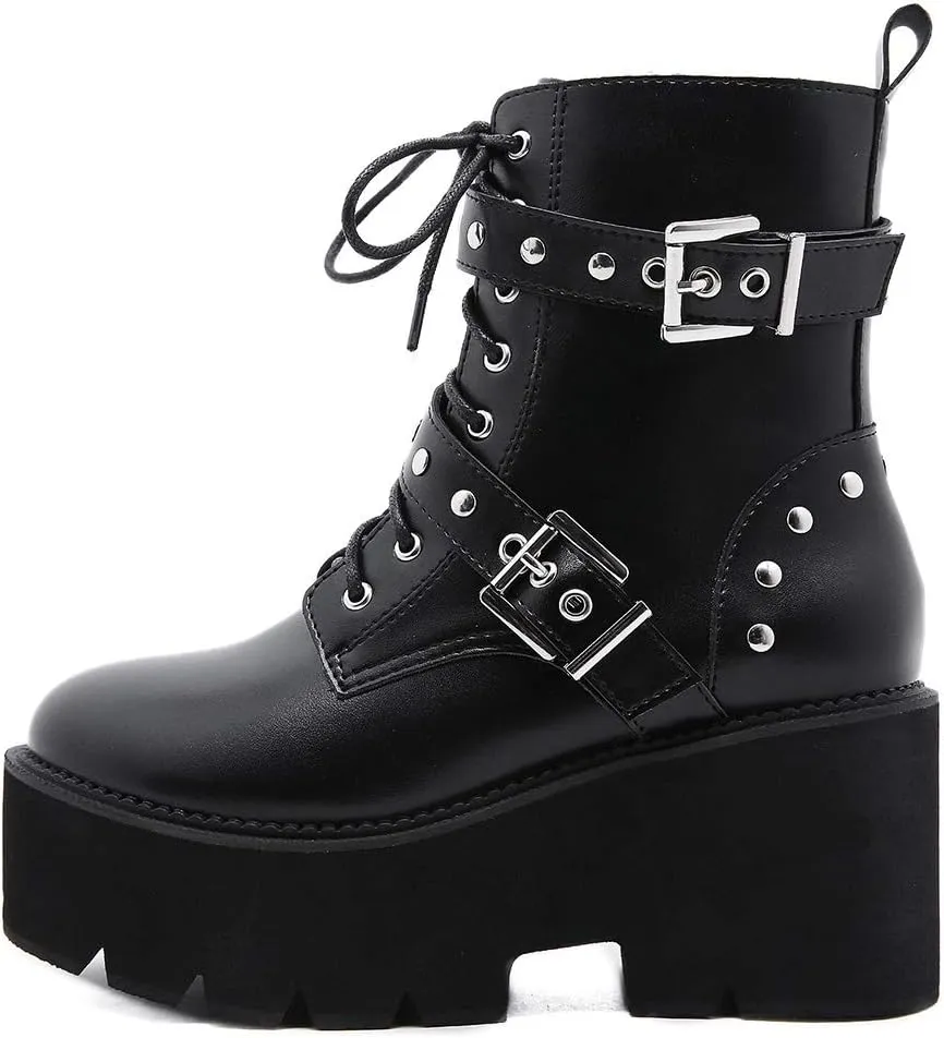 Erocalli Fashion Chain Goth Platform Boots for Women Lace up Chunky Heeled Studded Combat Motorcycle Ankle Booties