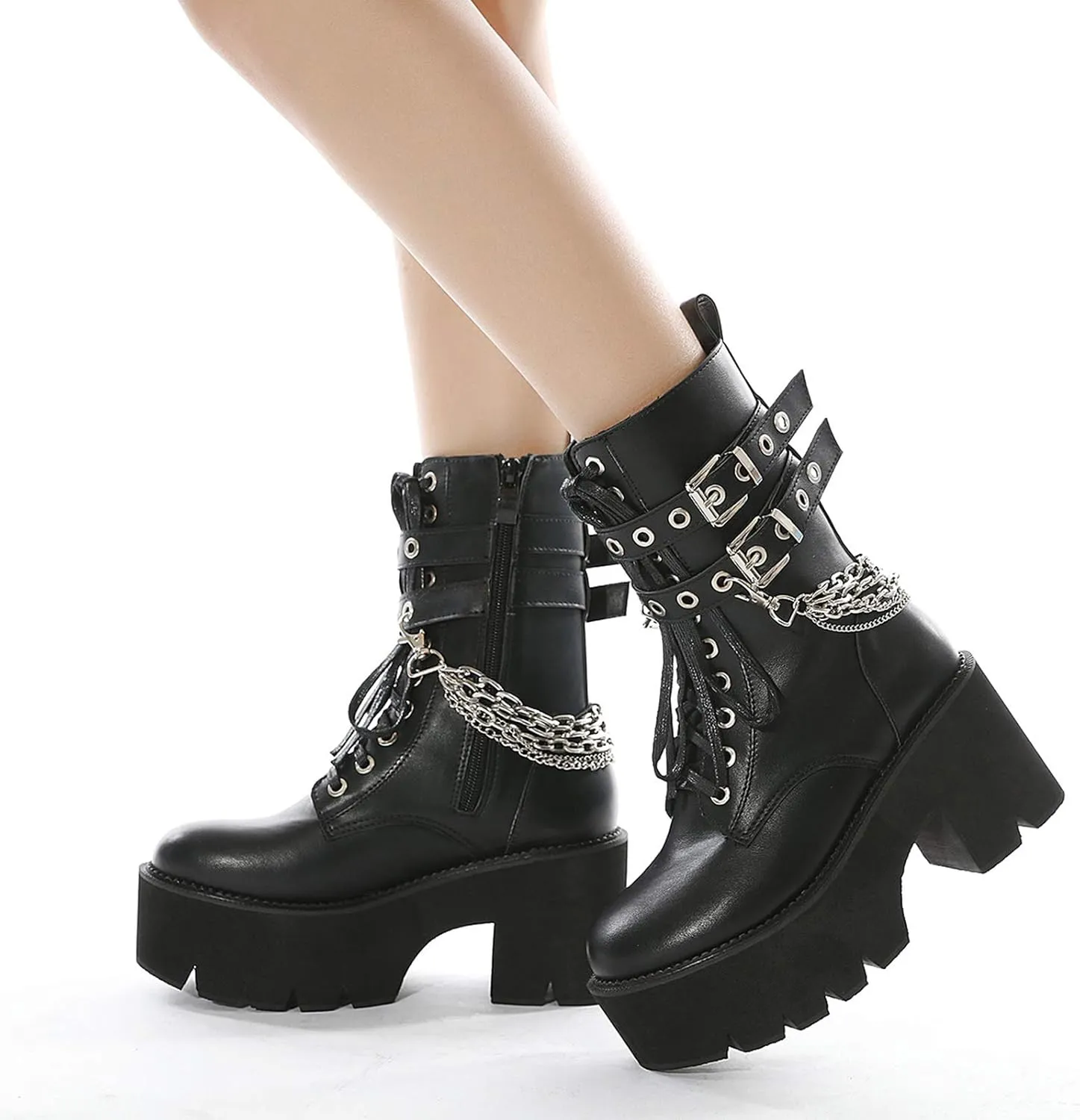 Erocalli Fashion Chain Goth Platform Boots for Women Lace up Chunky Heeled Studded Combat Motorcycle Ankle Booties