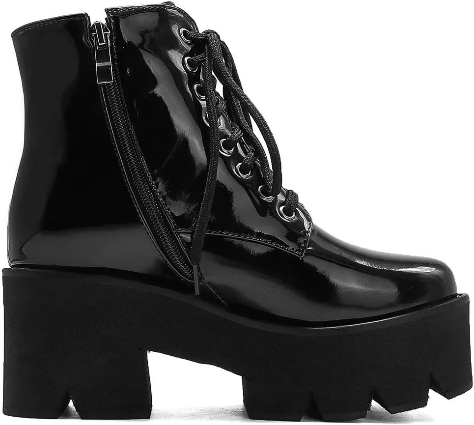 Erocalli Fashion Chain Goth Platform Boots for Women Lace up Chunky Heeled Studded Combat Motorcycle Ankle Booties