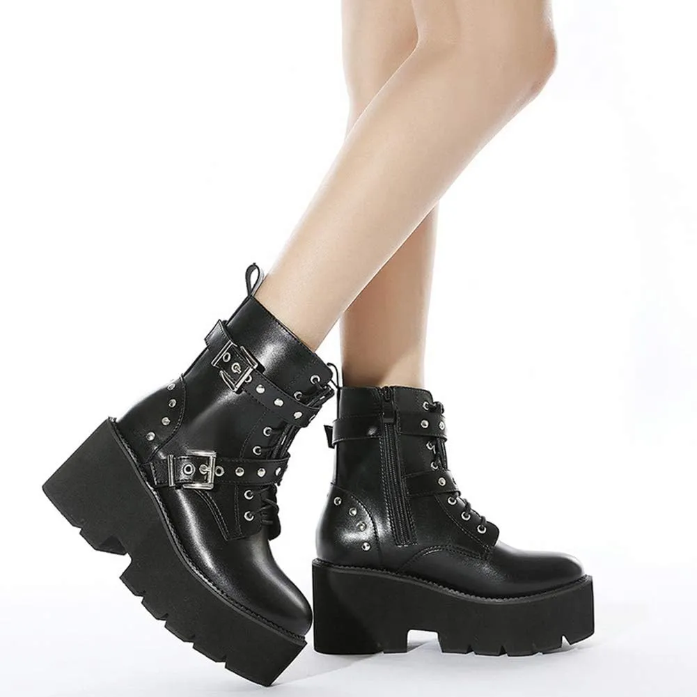 Erocalli Fashion Chain Goth Platform Boots for Women Lace up Chunky Heeled Studded Combat Motorcycle Ankle Booties