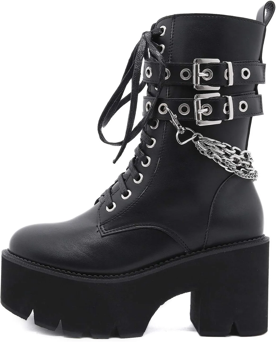 Erocalli Fashion Chain Goth Platform Boots for Women Lace up Chunky Heeled Studded Combat Motorcycle Ankle Booties