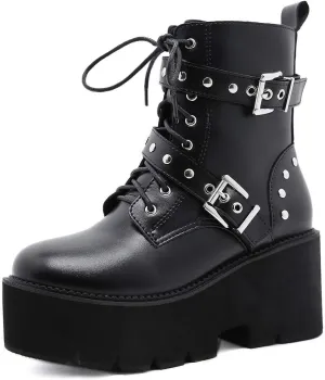Erocalli Fashion Chain Goth Platform Boots for Women Lace up Chunky Heeled Studded Combat Motorcycle Ankle Booties