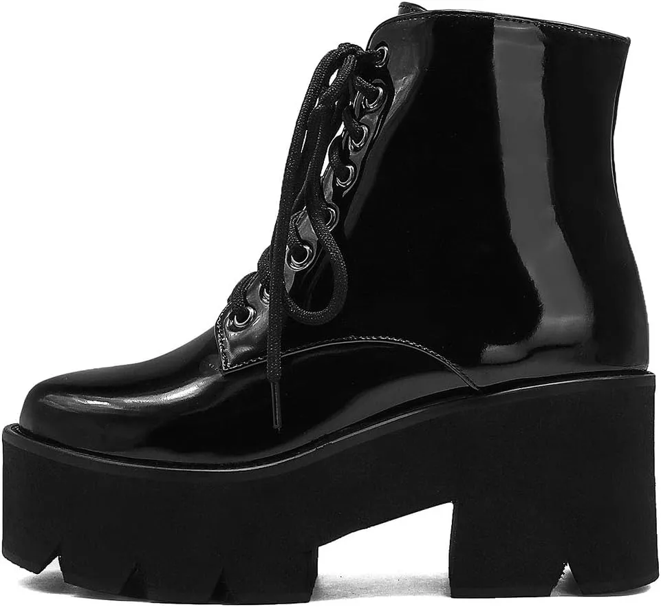 Erocalli Fashion Chain Goth Platform Boots for Women Lace up Chunky Heeled Studded Combat Motorcycle Ankle Booties