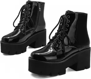 Erocalli Fashion Chain Goth Platform Boots for Women Lace up Chunky Heeled Studded Combat Motorcycle Ankle Booties