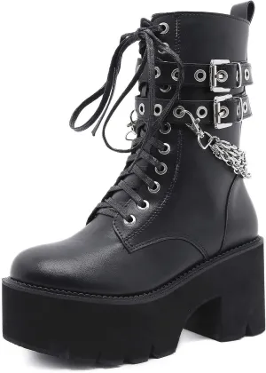Erocalli Fashion Chain Goth Platform Boots for Women Lace up Chunky Heeled Studded Combat Motorcycle Ankle Booties