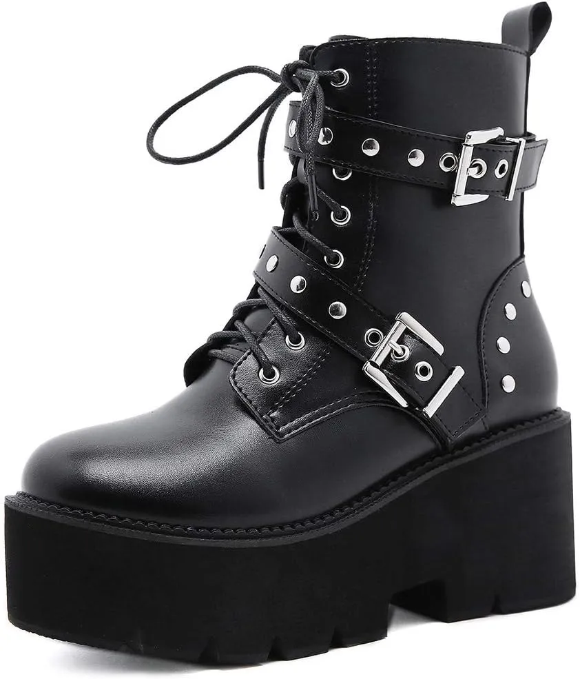 Erocalli Fashion Chain Goth Platform Boots for Women Lace up Chunky Heeled Studded Combat Motorcycle Ankle Booties