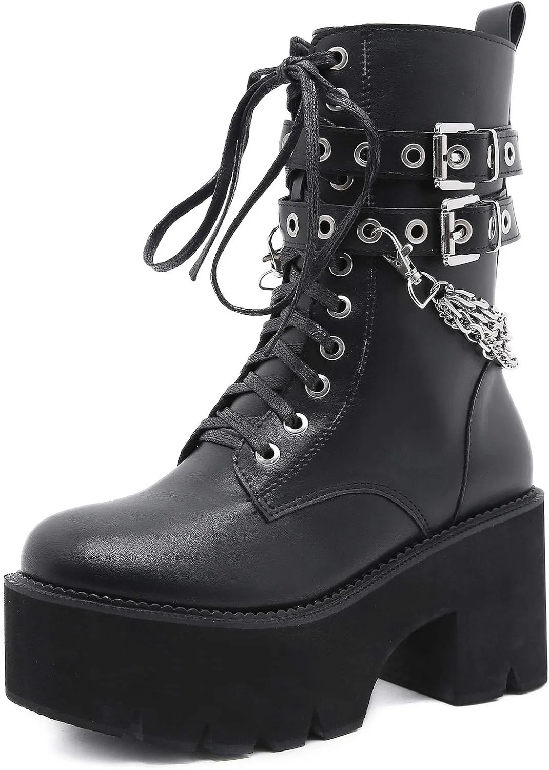Erocalli Fashion Chain Goth Platform Boots for Women Lace up Chunky Heeled Studded Combat Motorcycle Ankle Booties